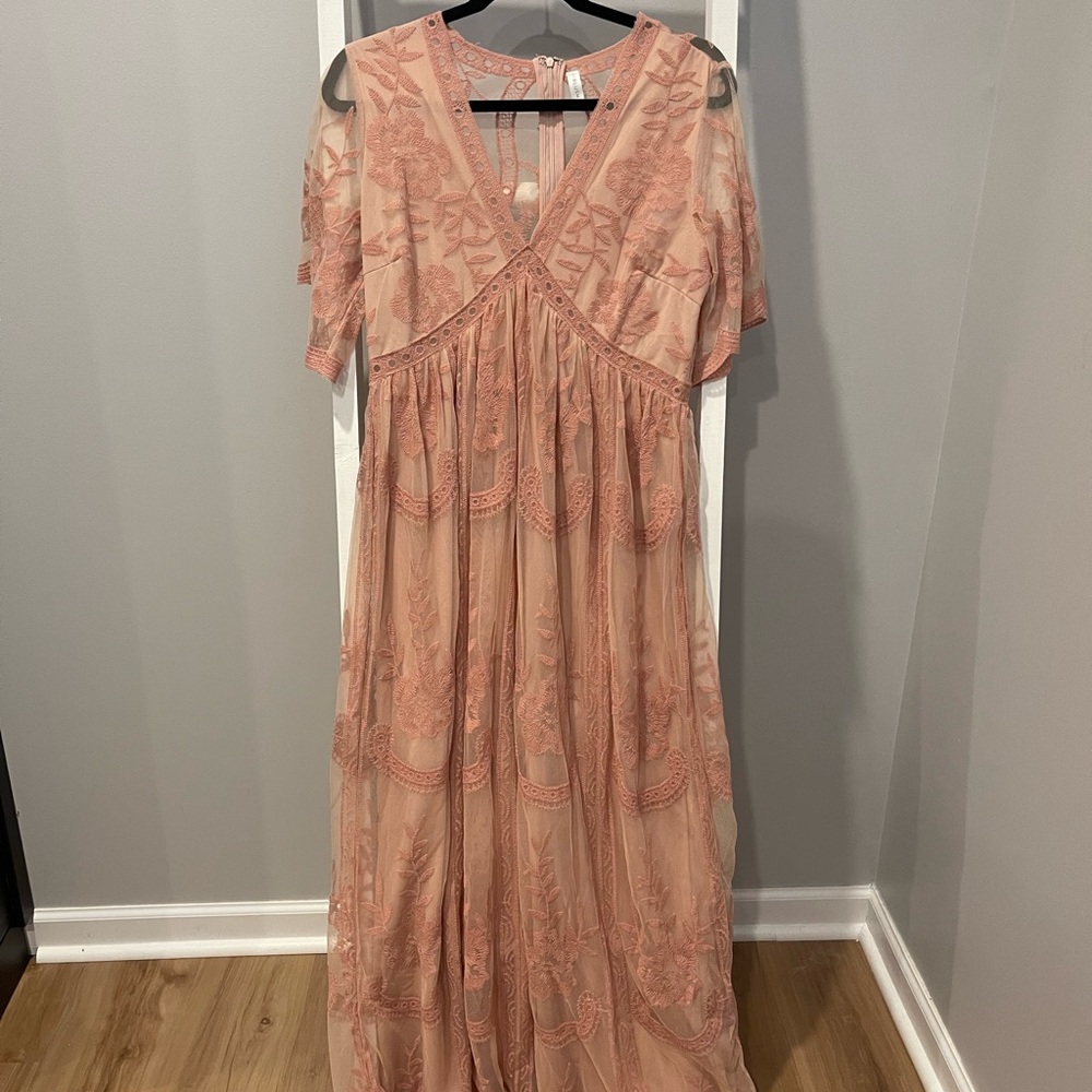 Light Pink Lace Mesh Overlay Maternity Maxi Dress